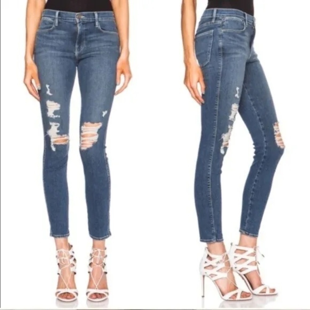 Frame Denim Le High Skinny Jeans Distressed Ripped Seely Wash Medium Sz 29